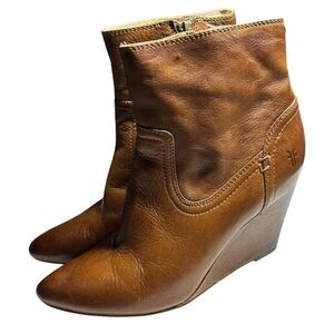 Frye Reina Wedge Ankle Bootie Boots Women's 8.5 Cognac Brown Leather Western